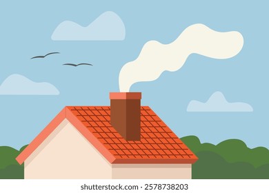 chimney smoke and roof; house heating, air pollution, carbon dioxide concept- vector illustration