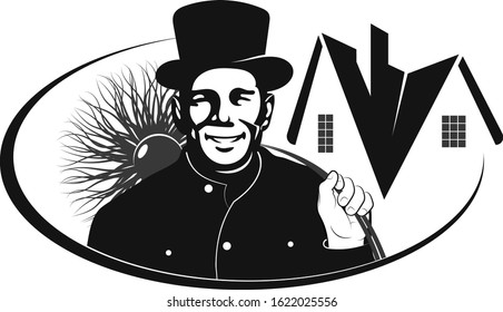 Chimney sweep in black uniform with tool and house roof symbol