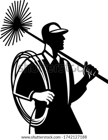Chimney Sweep Holding Sweeper and Rope Side View Retro Black and White