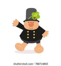 Chimney sweep icon. Cute comic cartoon flat style. Good luck wish on green shamrock clover leaf. Ladybug sign. Fancy fortune symbol. Kids toy fun design. Greeting card vector background illustration