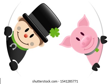 Chimney Sweep And Pig Looking Inside Round Banner