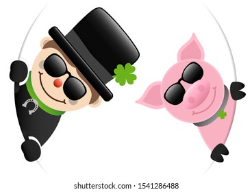 Chimney Sweep And Pig With Sunglasses Looking Inside Round Banner