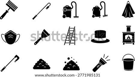 Chimney sweep service icons collection with brush ladder vacuum tools
