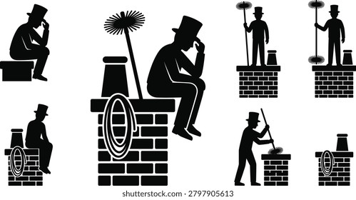 Chimney sweep silhouette icons, worker with top hat cleaning fireplace pipe on roof, manual sweepers working, house maintenance