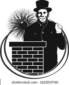 Chimney sweep with tool in uniform and chimney on the roof symbol