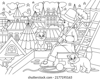 Schornstein fegt bei der Arbeit. Stadt, Dächer von Stadthäusern und Katze. Kinderfarbbuch, schwarze Umrisse, weißer Hintergrund.