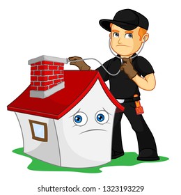 Chimney Sweeper checking chimney cartoon illustration, can be download in vector format for unlimited image size