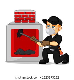 Chimney Sweeper cleaning fireplace cartoon illustration, can be download in vector format for unlimited image size