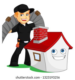 Chimney Sweeper with cleaning chimney sweep machine cartoon illustration, can be download in vector format for unlimited image size