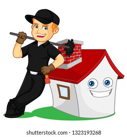 Chimney Sweeper leaning on a house cartoon illustration, can be download in vector format for unlimited image size