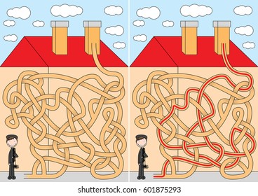 Chimney sweeper maze for kids with a solution