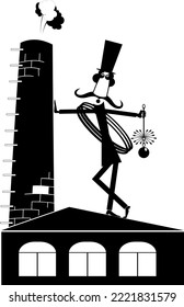 Chimney sweeper, stove pipe, building. 
Cartoon chimney sweeper in the top hat standing near the stove pipe on the roof with the rope and chimney brush. Black on white background

