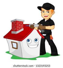 Chimney Sweeper waterproffing chimney cartoon illustration, can be download in vector format for unlimited image size