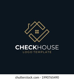 Chimney Window Roof House with Golden Check Mark Line for Home Property Business logo design