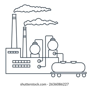 Chimneys and factory pipes with smoke. Industrial factory contour drawing. Smog pollution. Vector illustration in flat style