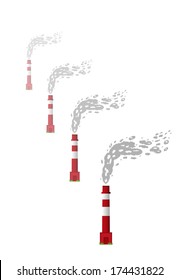 chimneys with red and white color and gray smoke on white background