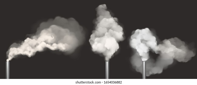 Chimneys with smoke, pipes with steam set. Industrial smog white clouds, factory or plant flues isolated on black background, environmental air pollution concept, Realistic 3d vector illustration