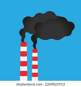 Chimneys or tubes with smoke. Big industrial pipes with smoke on factory. Industrial smog. Air polution from factories. Power plant pollution. Save the environment. Vector