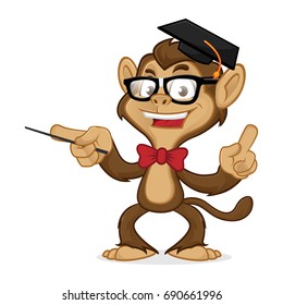 Chimp cartoon mascot wearing glasses and toga hat isolated in white background