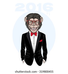 chimpanzee ape dressed up in tuxedo, hand drawn graphic, Merry Christmas and Happy New Year design