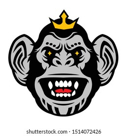 Chimpanzee / Apes head vector logo with a crown like a King on white background