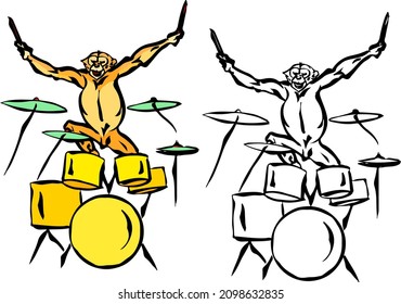 Chimpanzee banging on a drum set. Hand drawn vector illustration.