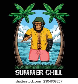 Chimpanzee in the beach summer chill vector illustration for your company or brand