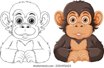 Chimpanzee Cartoon Character Outline for Coloring illustration