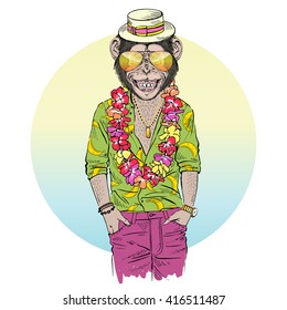 chimpanzee dressed up in aloha shirt, furry art illustration, fashion animals, hipster animals, summer illustration