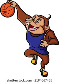 The chimpanzee is going to dunk in a basketball competition of illustration