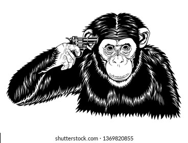chimpanzee with gun on the head