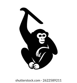 Chimpanzee hanging silhouette in black and white, Hanging chimp silhouette for animal artwork