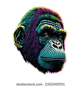 Chimpanzee head colorful concept in isolated vector illustration on white background.