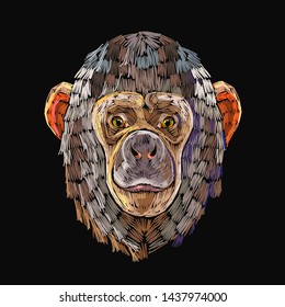 Chimpanzee head. Monkey face. Embroidery animals art. Template of clothes, tapestry, t-shirt design 