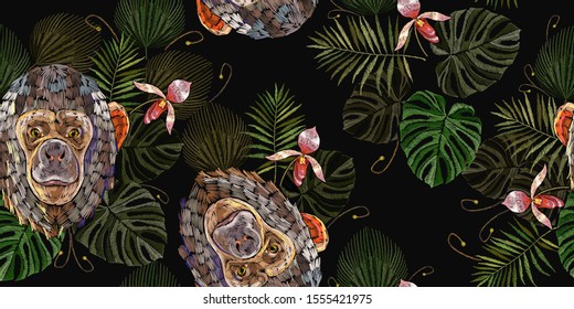 Chimpanzee head, palm leaves and orchid flowers horizontal seamless pattern. Monkey face. Jungle style. Embroidery animals art. Template of clothes, tapestry, t-shirt design 