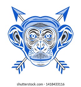 Chimpanzee head in pop art style. Monkey head with arrows isolated on white background vector illustration