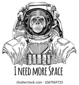 Chimpanzee Monkey Astronaut. Space suit. Hand drawn image of lion for tattoo, t-shirt, emblem, badge, logo patch kindergarten poster children clothing