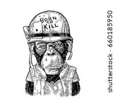 Chimpanzee monkey dressed  in human soldier helmet with glasses and peace sign. Lettering Born to kill Vintage black engraving illustration for poster and t-shirt design. Isolated on white background.