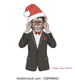 Chimpanzee monkey dressed up tuxedo and santa hat, Happy New Year illustration, chinese horoscope sign