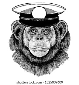 Chimpanzee Monkey Hand drawn illustration for tattoo, emblem, badge, logo, patch, t-shirt