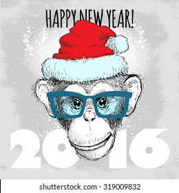 Chimpanzee monkey Hipster with blue glasses and Christmas hat. Merry Christmas and Happy New Year vector illustration for placard design, posters, fashion print and textile 