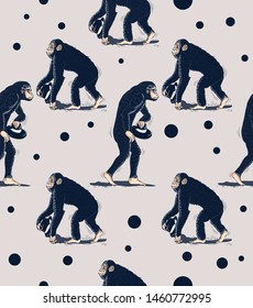 chimpanzee monkey holding hat seamless pattern on isolated grey background vector illustration