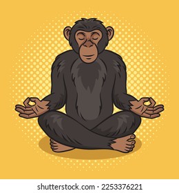 Chimpanzee monkey meditating in Lotus position pinup pop art retro vector illustration. Comic book style imitation.