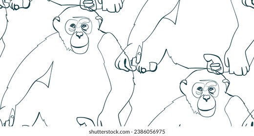 chimpancé mono naturaleza fauna silvestre artístico vector de tinta sin costuras un patrón de línea dibujado a mano 