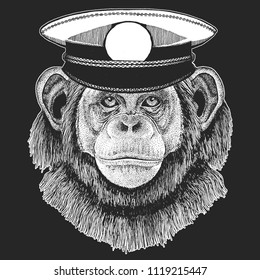 Chimpanzee, Monkey Vector print for children. Capitan, pirate animal. Brave sailor. Design for kindergarten, school kids clothing, t-shirts.