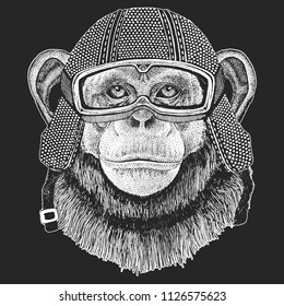 Chimpanzee, Monkey. Vintage motorcycle hemlet. Retro style illustration with animal biker for children, kids clothing, t-shirts. Fashion print with cool character. Speed and freedom.
