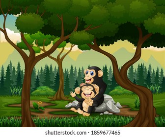 Chimpanzee mother with her baby in the forest