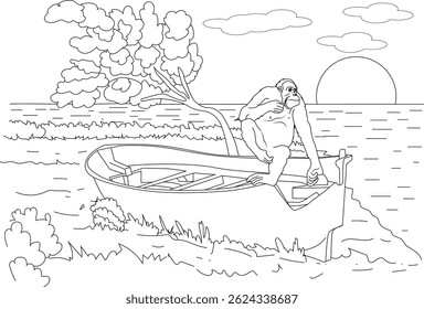 Chimpanzee on a Boat at the Beach Line Drawing, A simple black and white line drawing illustration depicting a chimpanzee sitting in a small boat near the shore of a beach or body of water. A