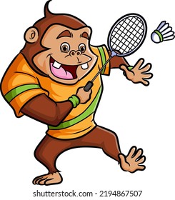 The chimpanzee is playing the badminton and hit with the racket of illustration