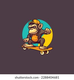 Chimpanzee ride skateboard. monkey with skateboard. Funky monkey.esport logo.